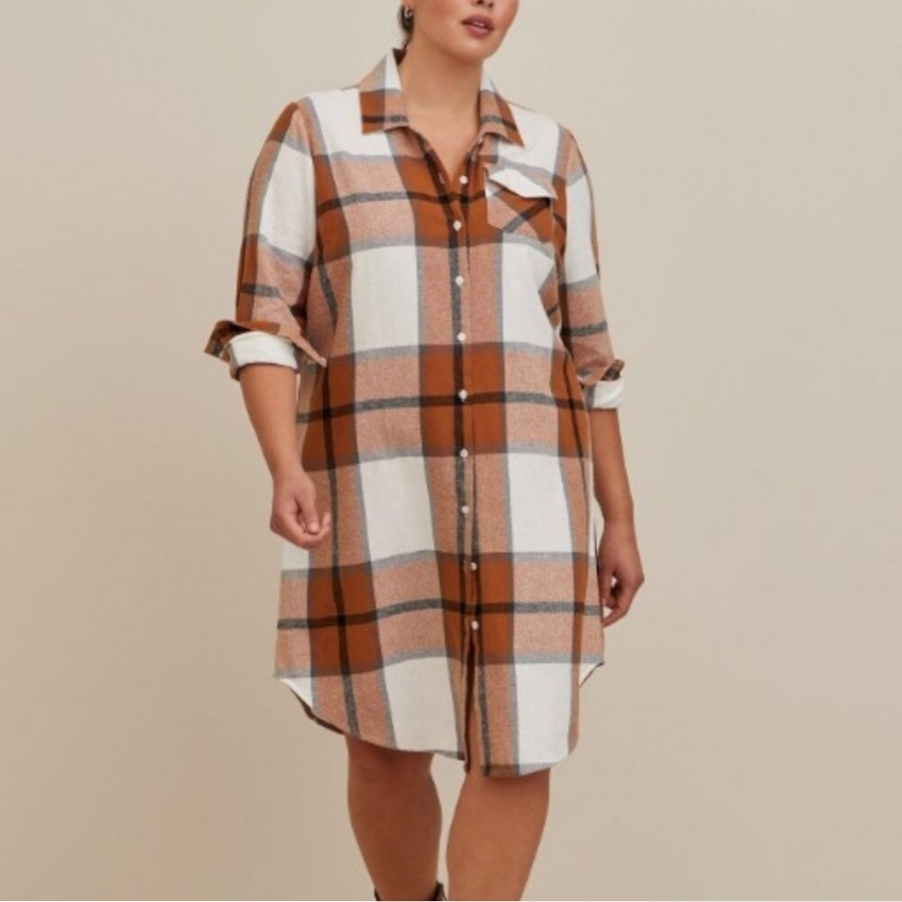 Plaid Button-Front Shirt Dress in Rust and White